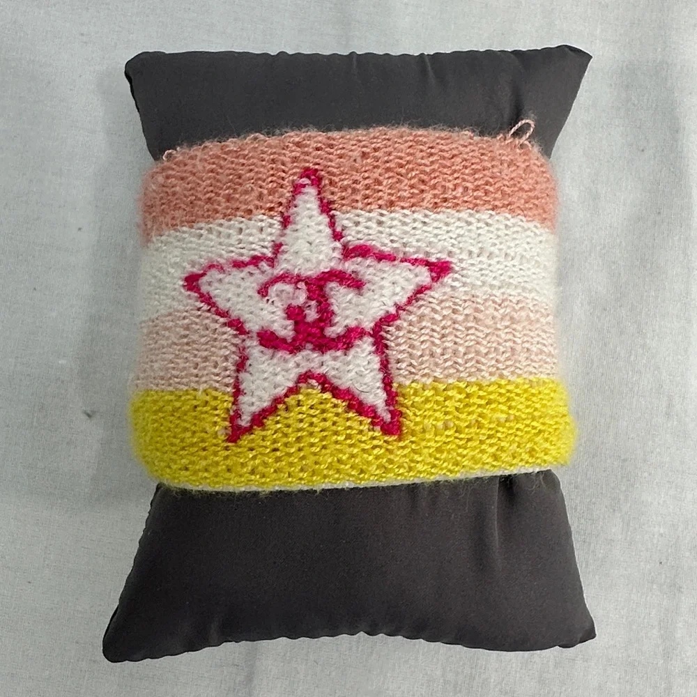 CHANEL Pink White Yellow Striped Knit Wrist Cuff with CC Heart Logo